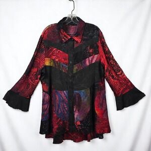Artsy Whimsygoth Boho Button Down Long Sleeve Blouse Woman L-XL Lagenlook Patchy